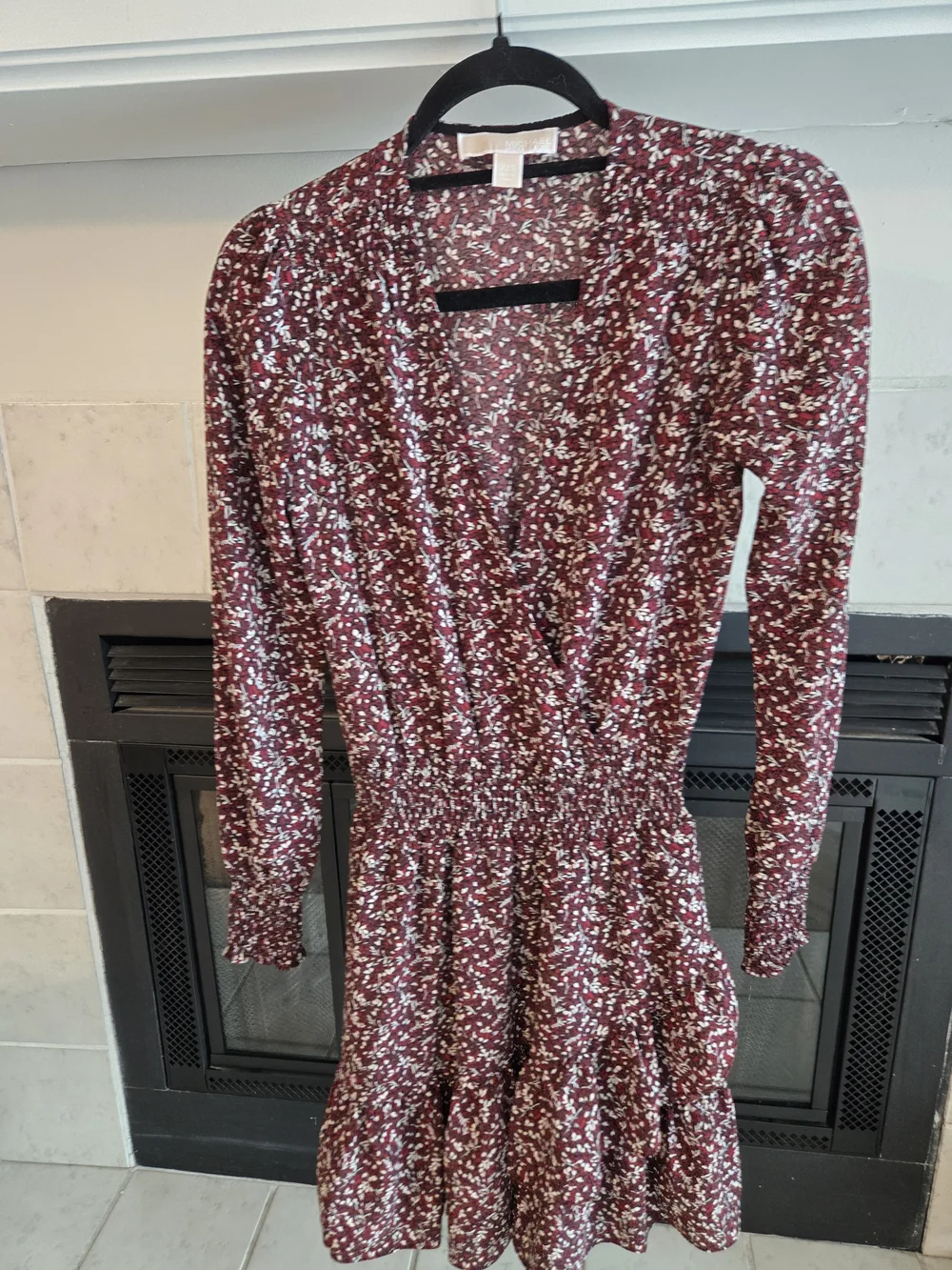 Michael Kors Maroon Floral Long-Sleeve Wrap-Style Dress